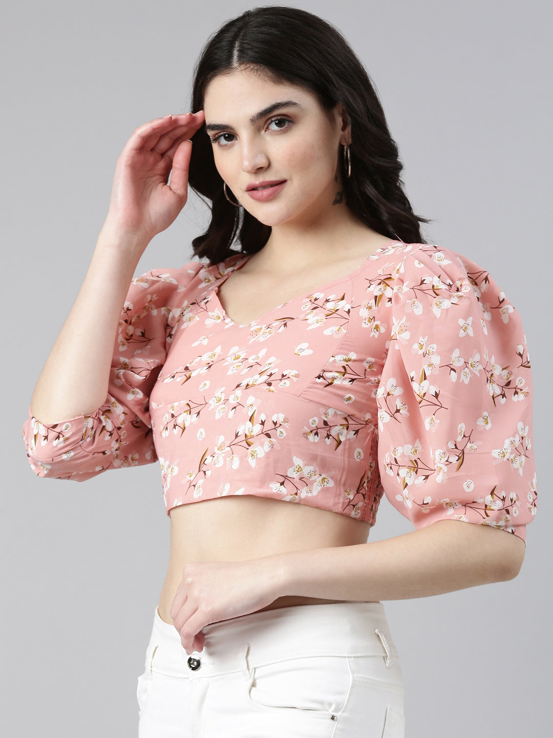 V-Neck Bishop Sleeves Floral Cinched Waist Peach Crop Top