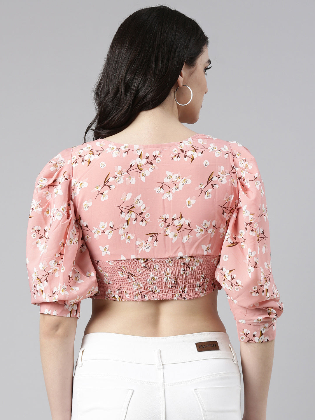 V-Neck Bishop Sleeves Floral Cinched Waist Peach Crop Top