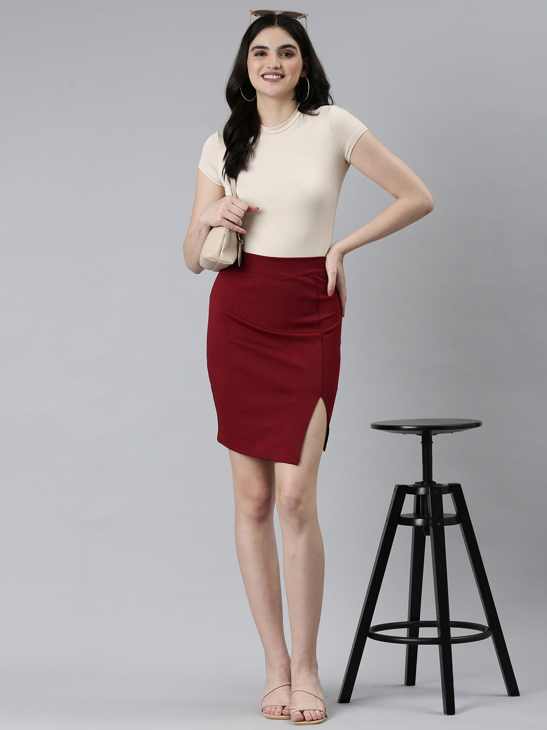 Women Maroon Solid Pencil Skirt