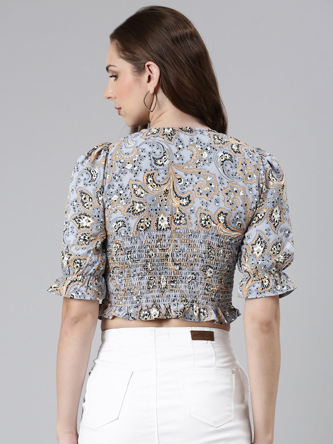 V-Neck Puff Sleeves Ethnic Motifs Cinched Waist Grey Crop Top