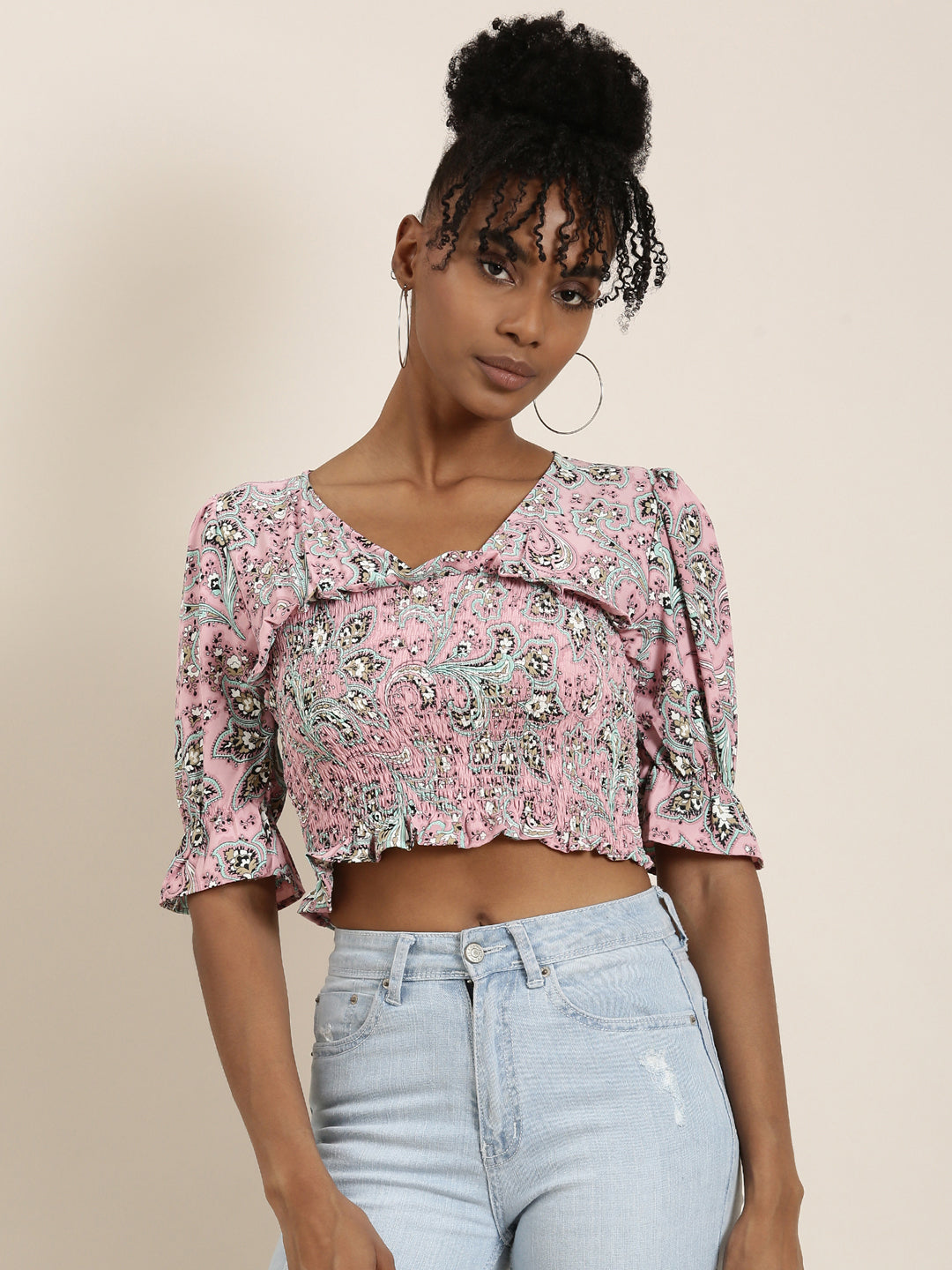 Women Pink Printed Cinched Waist Crop Top