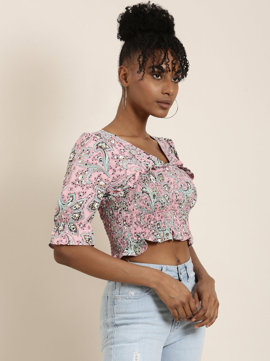 Women Pink Printed Cinched Waist Crop Top