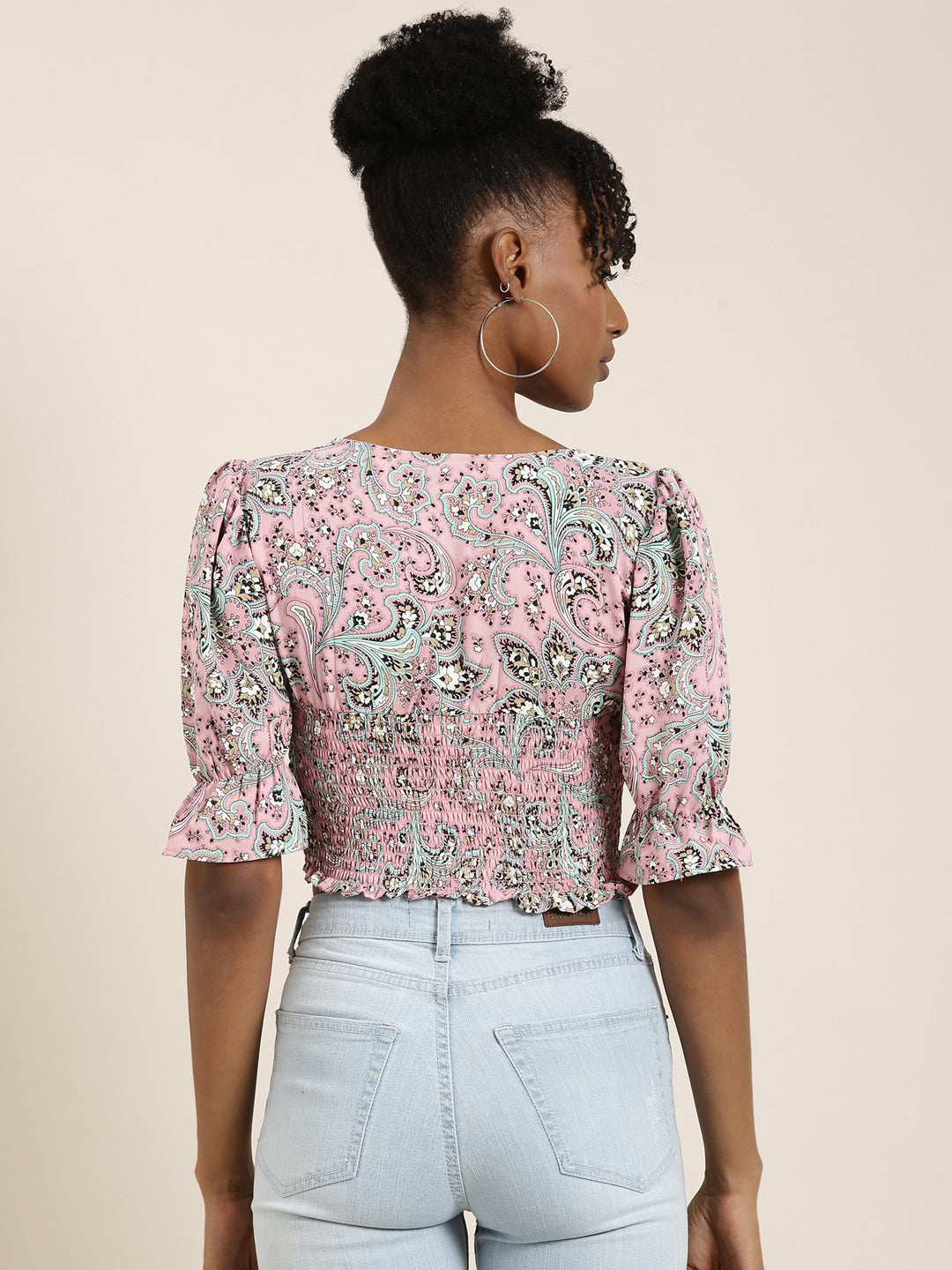 Women Pink Printed Cinched Waist Crop Top