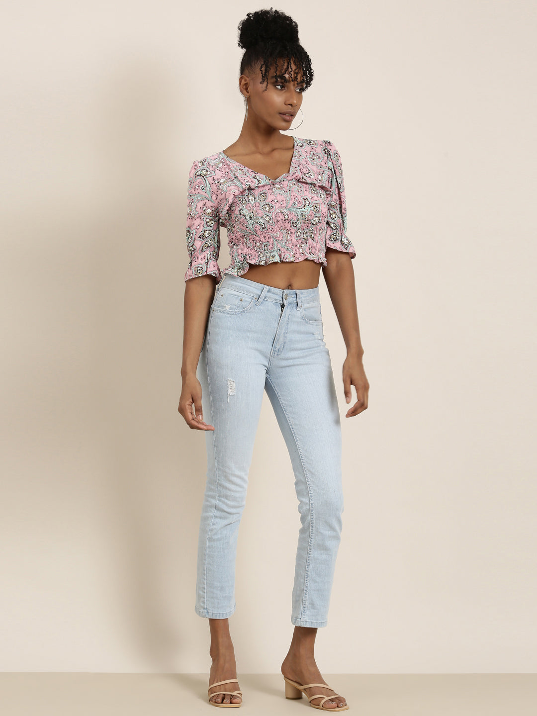 Women Pink Printed Cinched Waist Crop Top