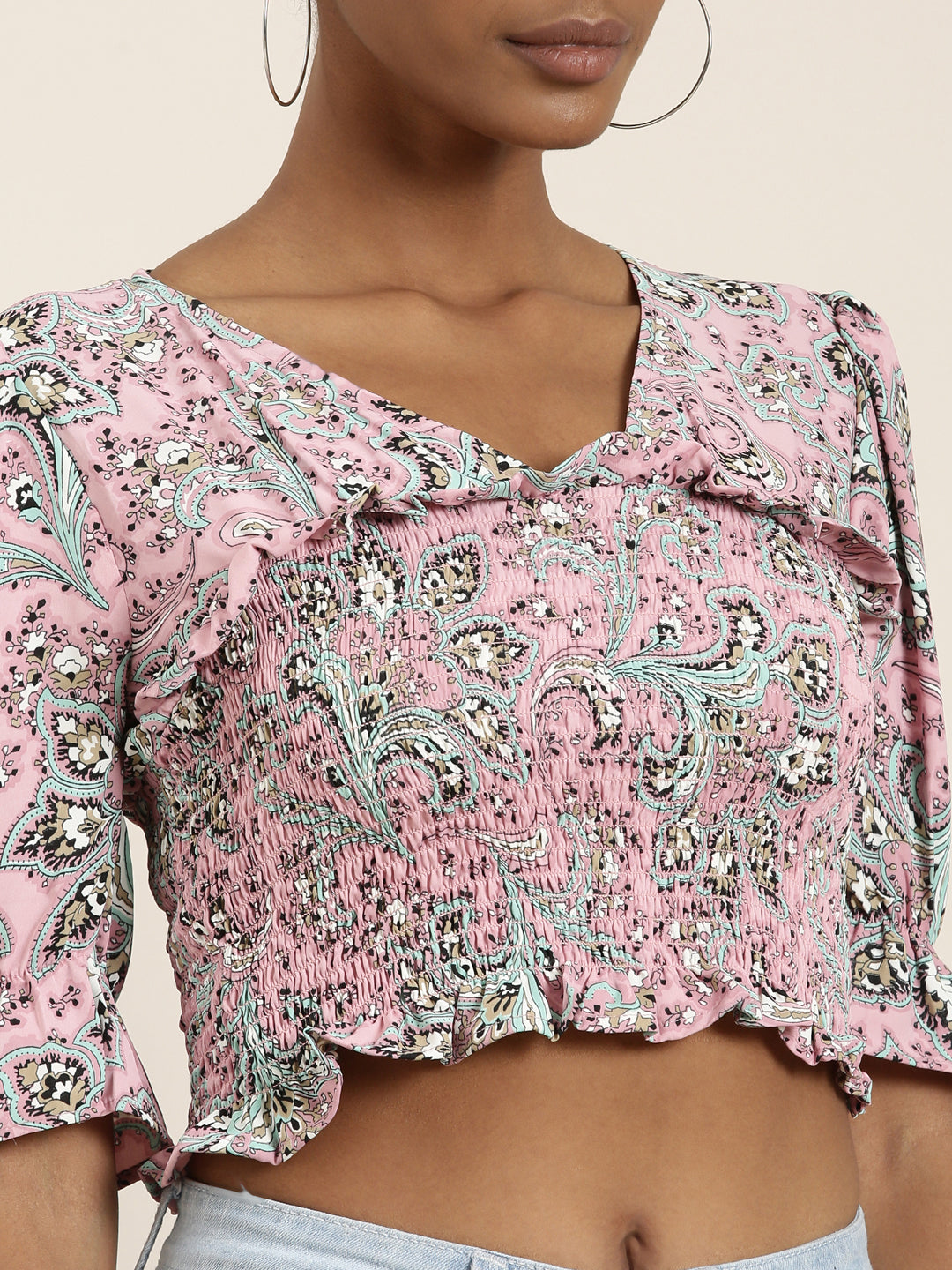 Women Pink Printed Cinched Waist Crop Top