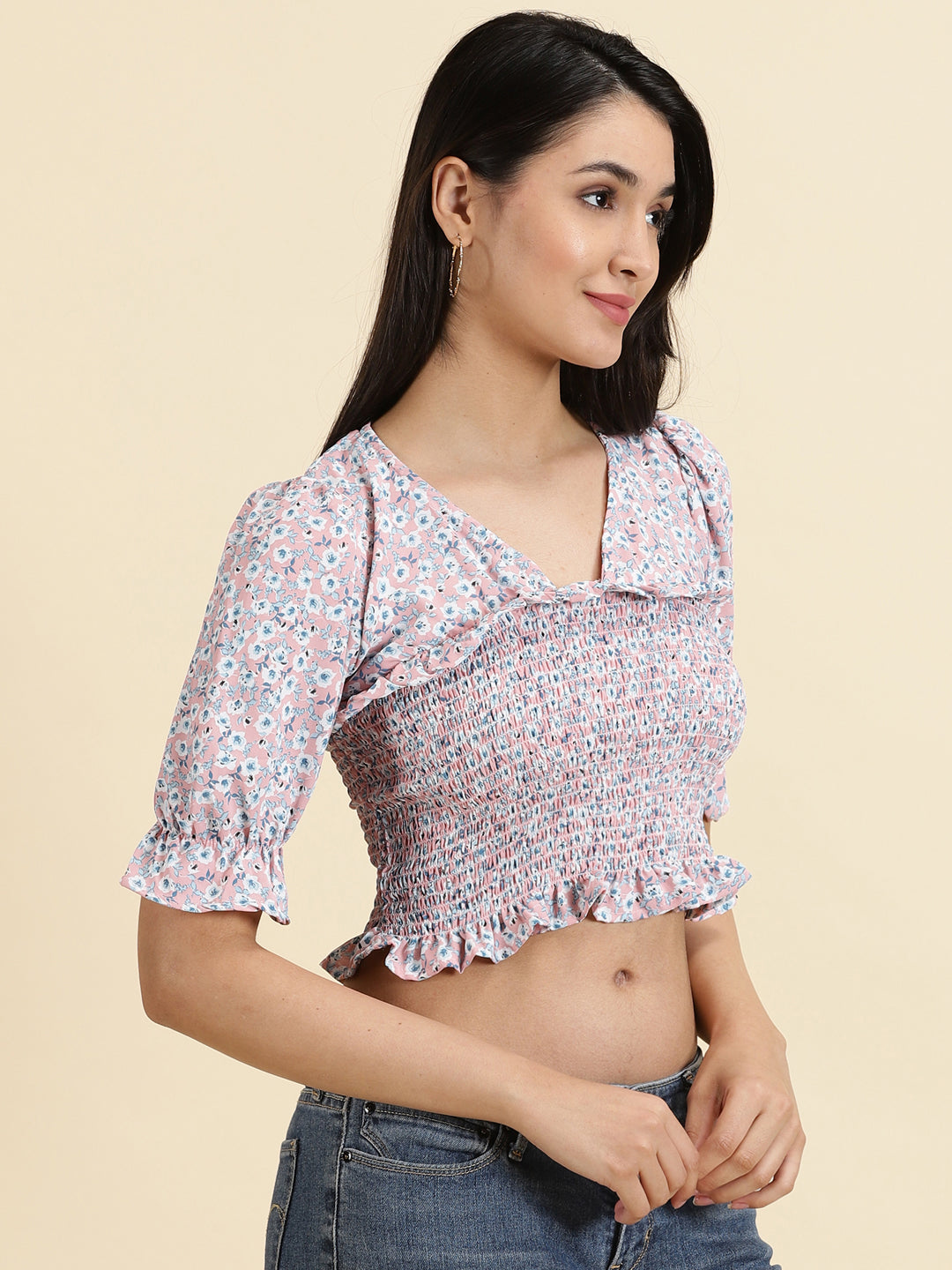 Women's Pink Printed Cinched Waist Crop Top