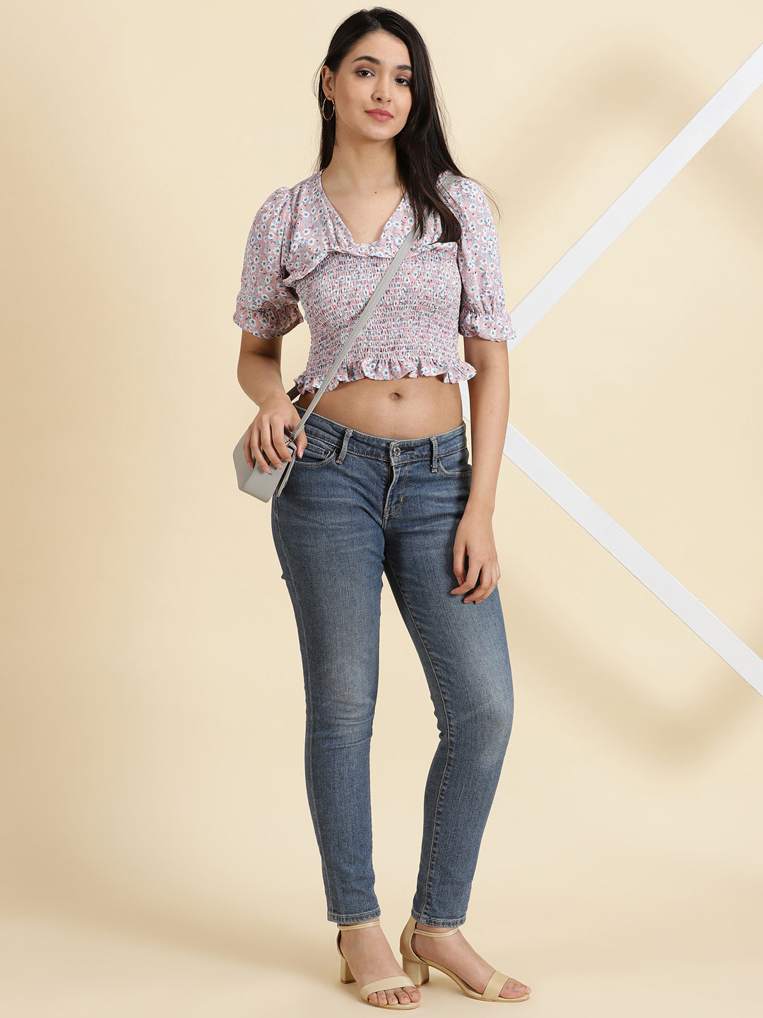 Women's Pink Printed Cinched Waist Crop Top