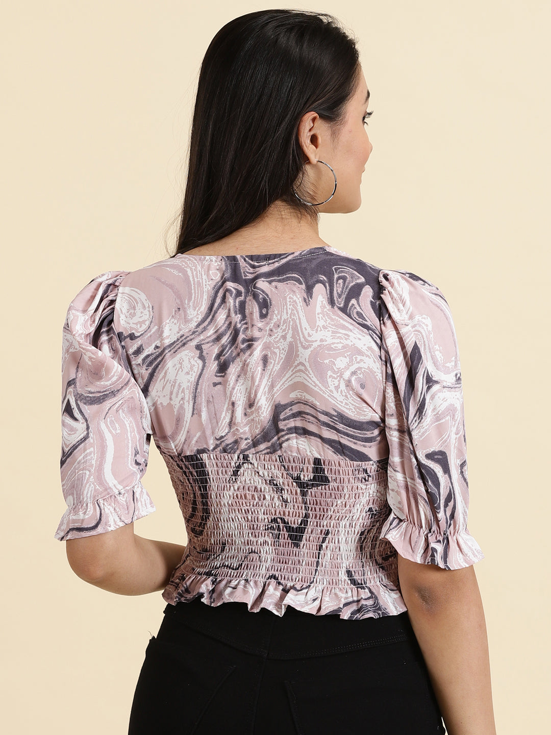 Women's Mauve Printed Cinched Waist Crop Top