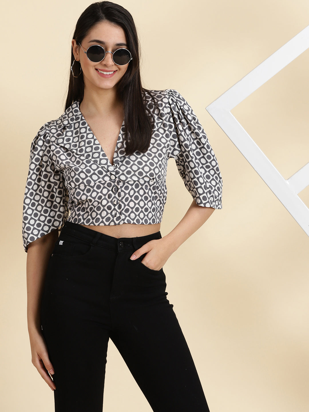 Women's White Printed Shirt Style Crop Top