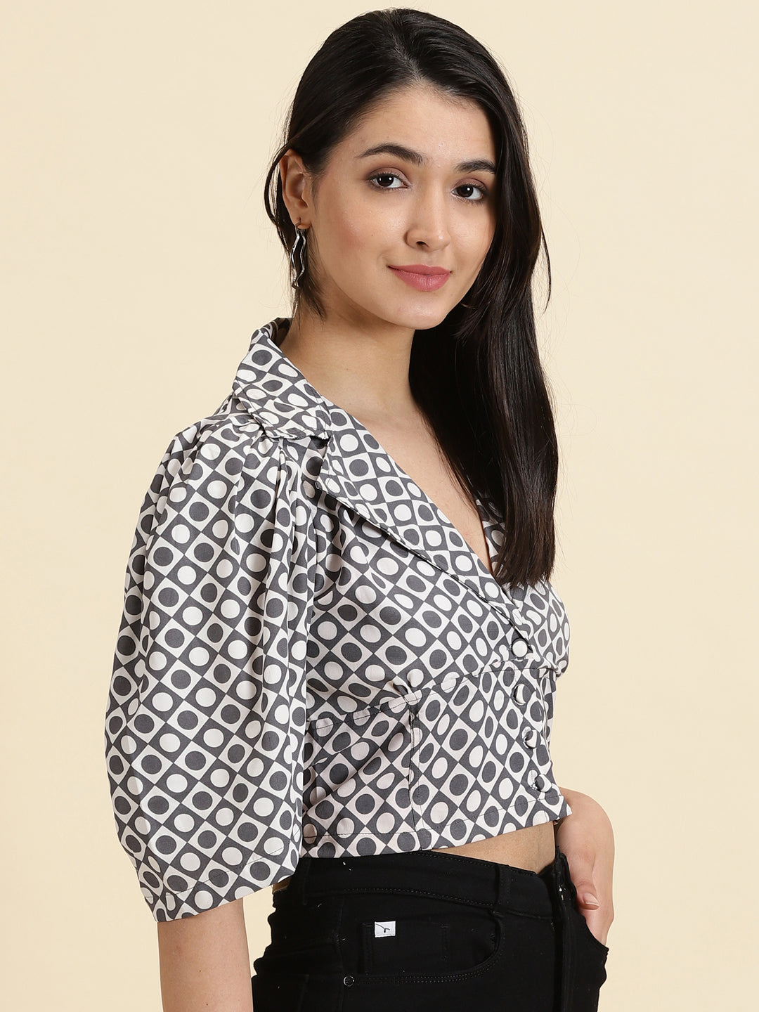 Women's White Printed Shirt Style Crop Top