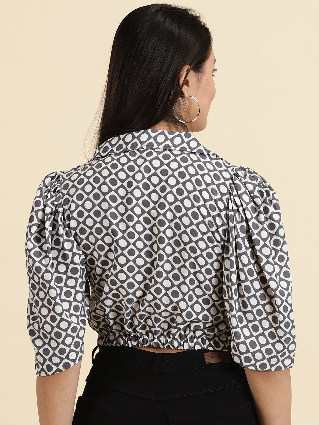 Women's White Printed Shirt Style Crop Top