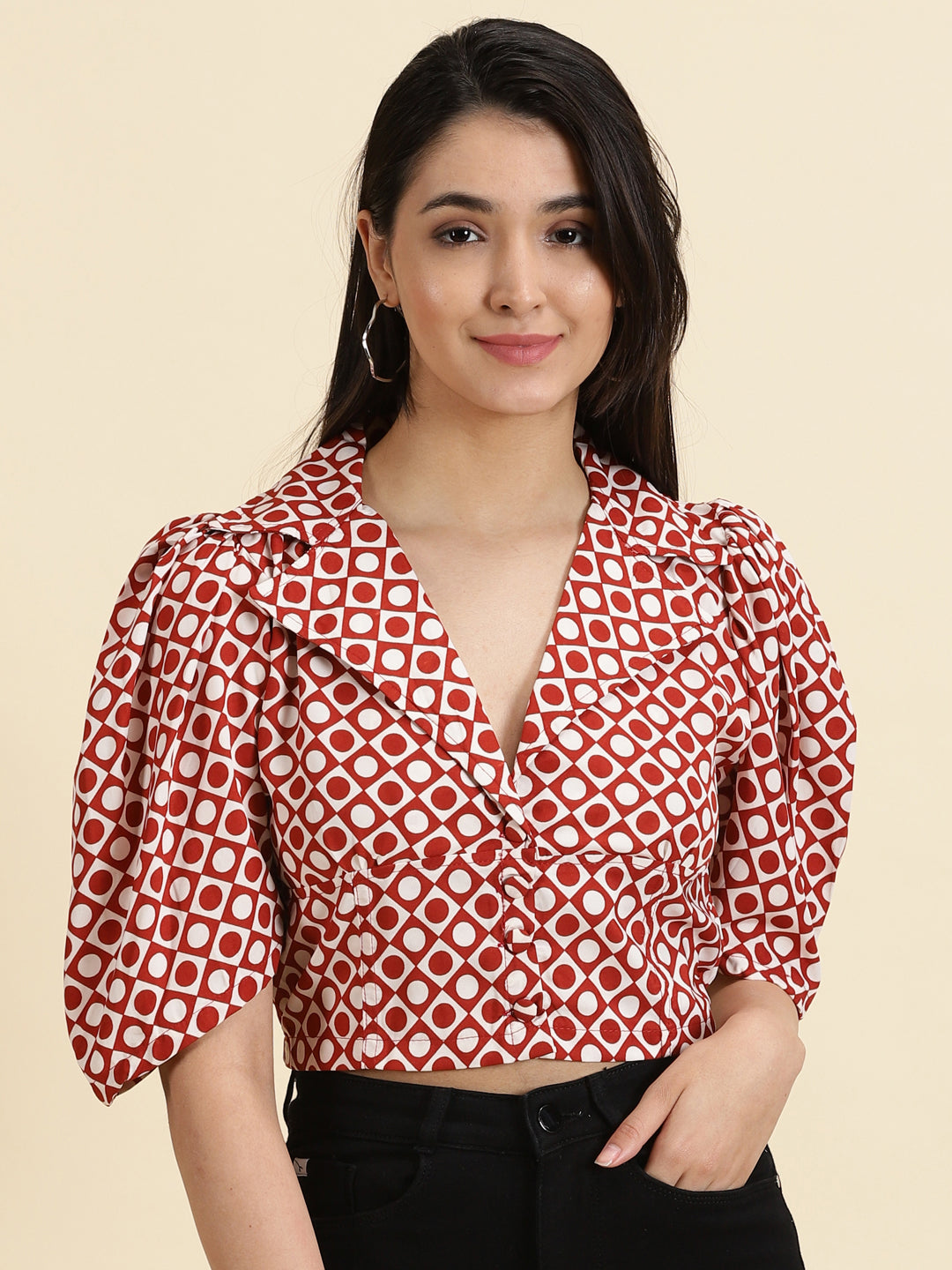 Women's White Printed Shirt Style Crop Top