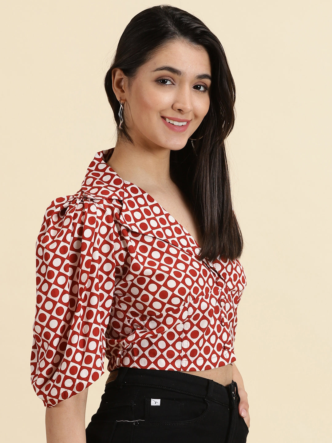 Women's White Printed Shirt Style Crop Top