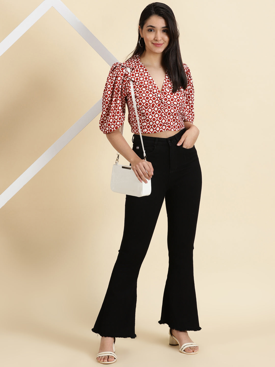 Women's White Printed Shirt Style Crop Top