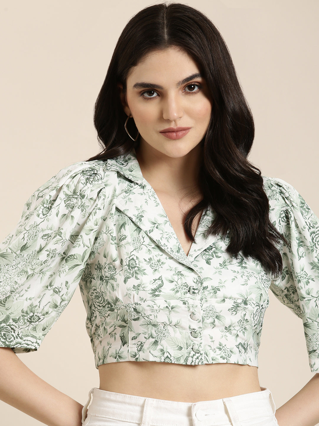 Women Green Printed Shirt Style Crop Top