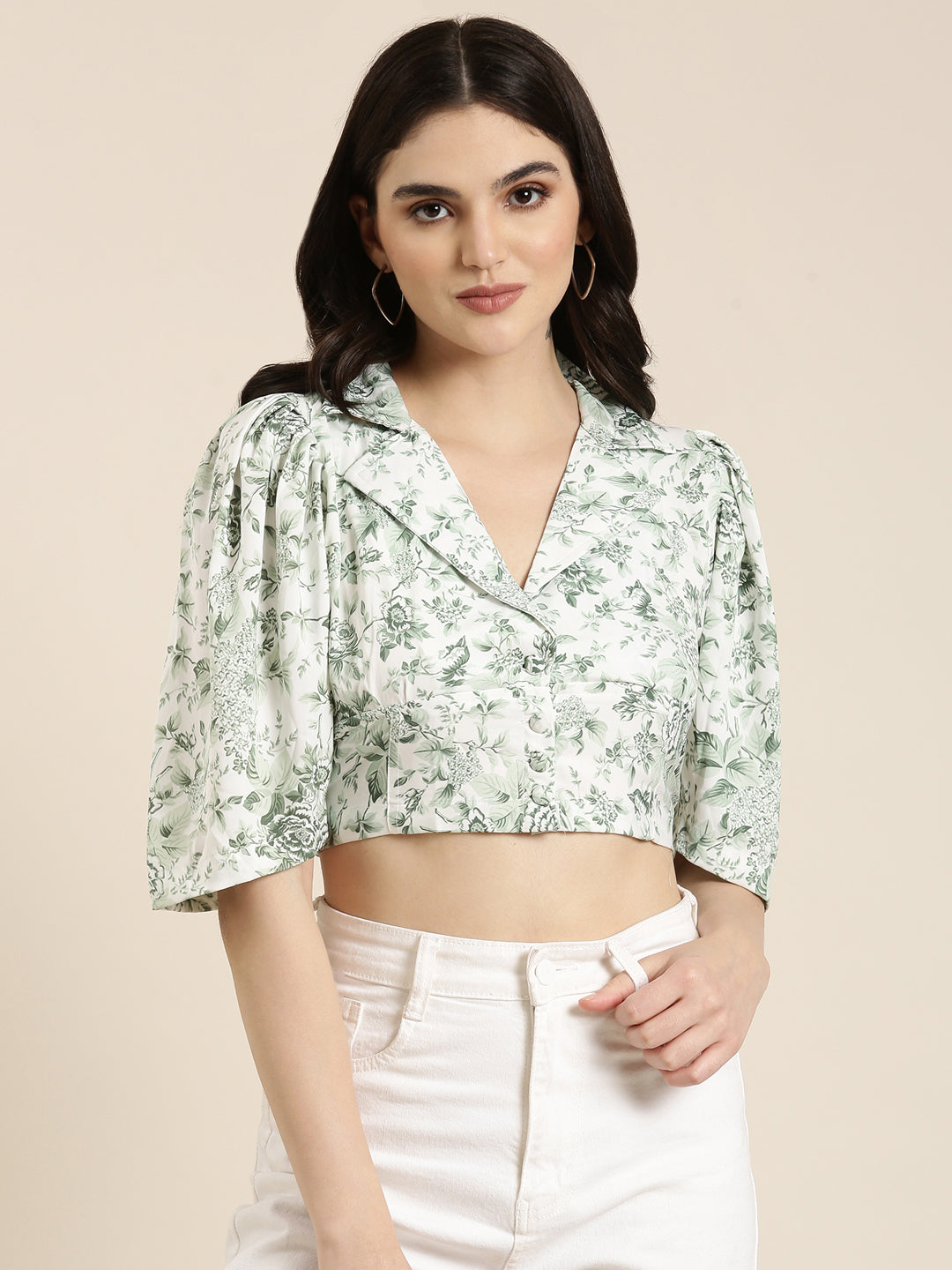 Women Green Printed Shirt Style Crop Top