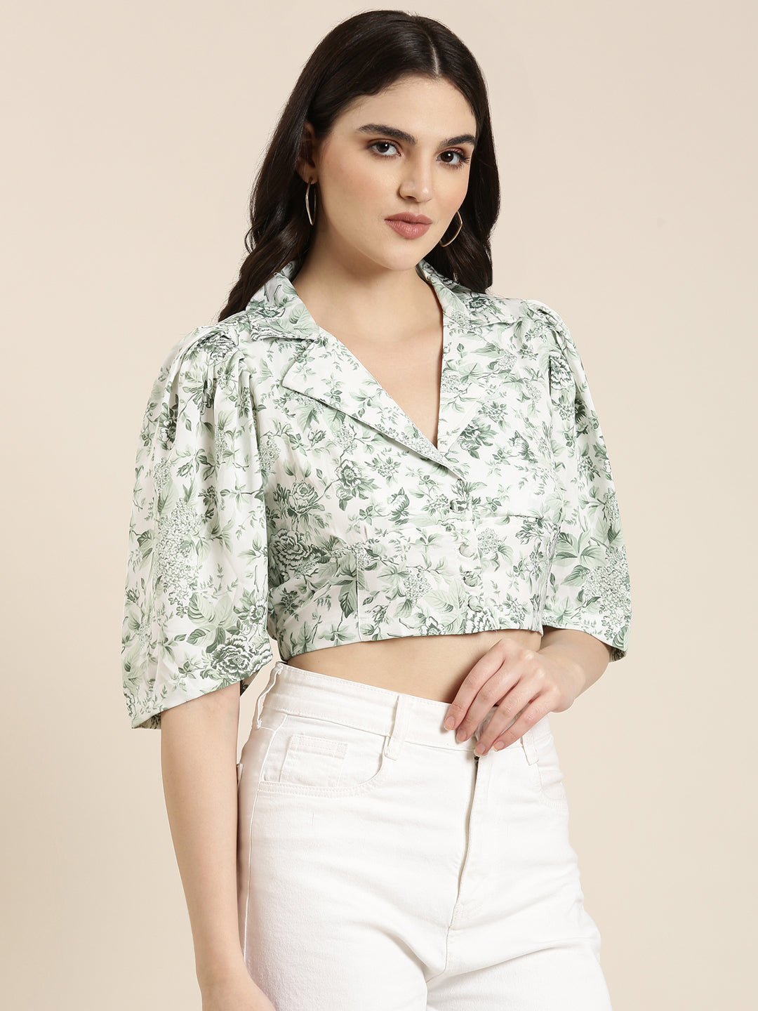 Women Green Printed Shirt Style Crop Top