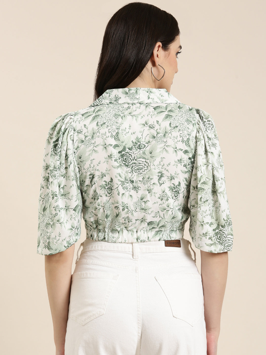 Women Green Printed Shirt Style Crop Top