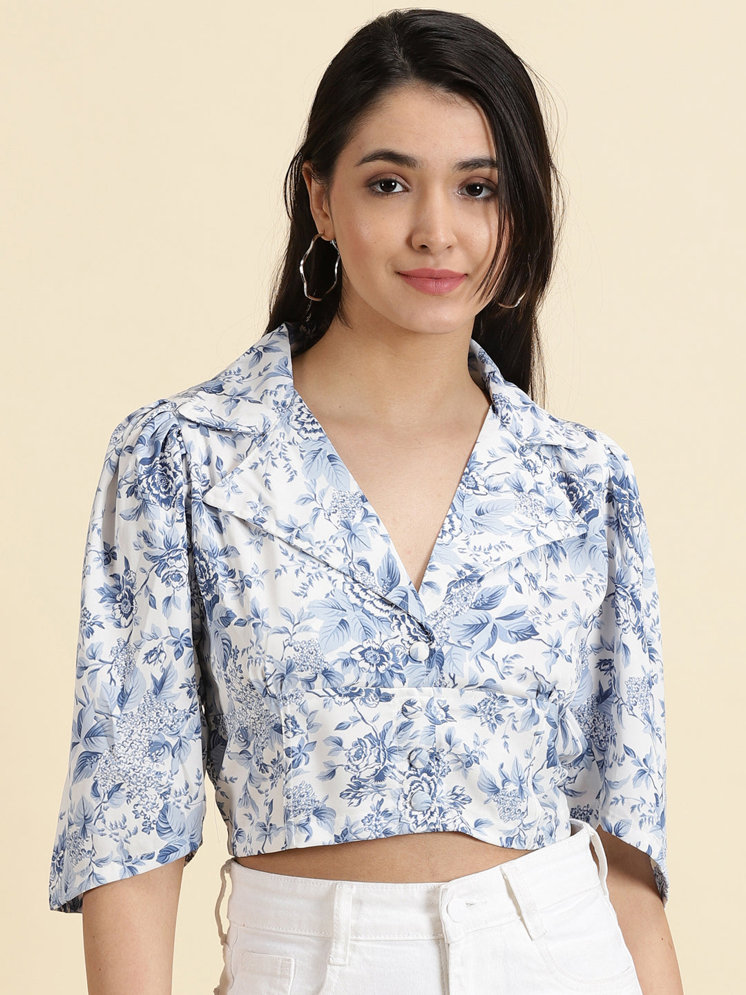 Women's White Printed Shirt Style Crop Top