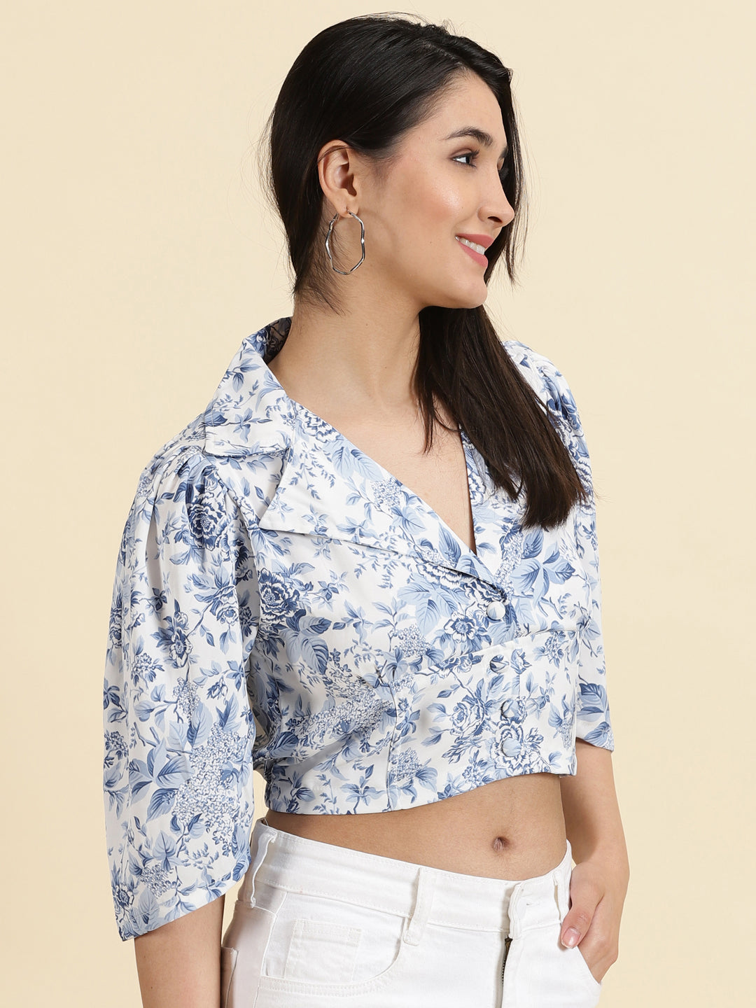 Women's White Printed Shirt Style Crop Top