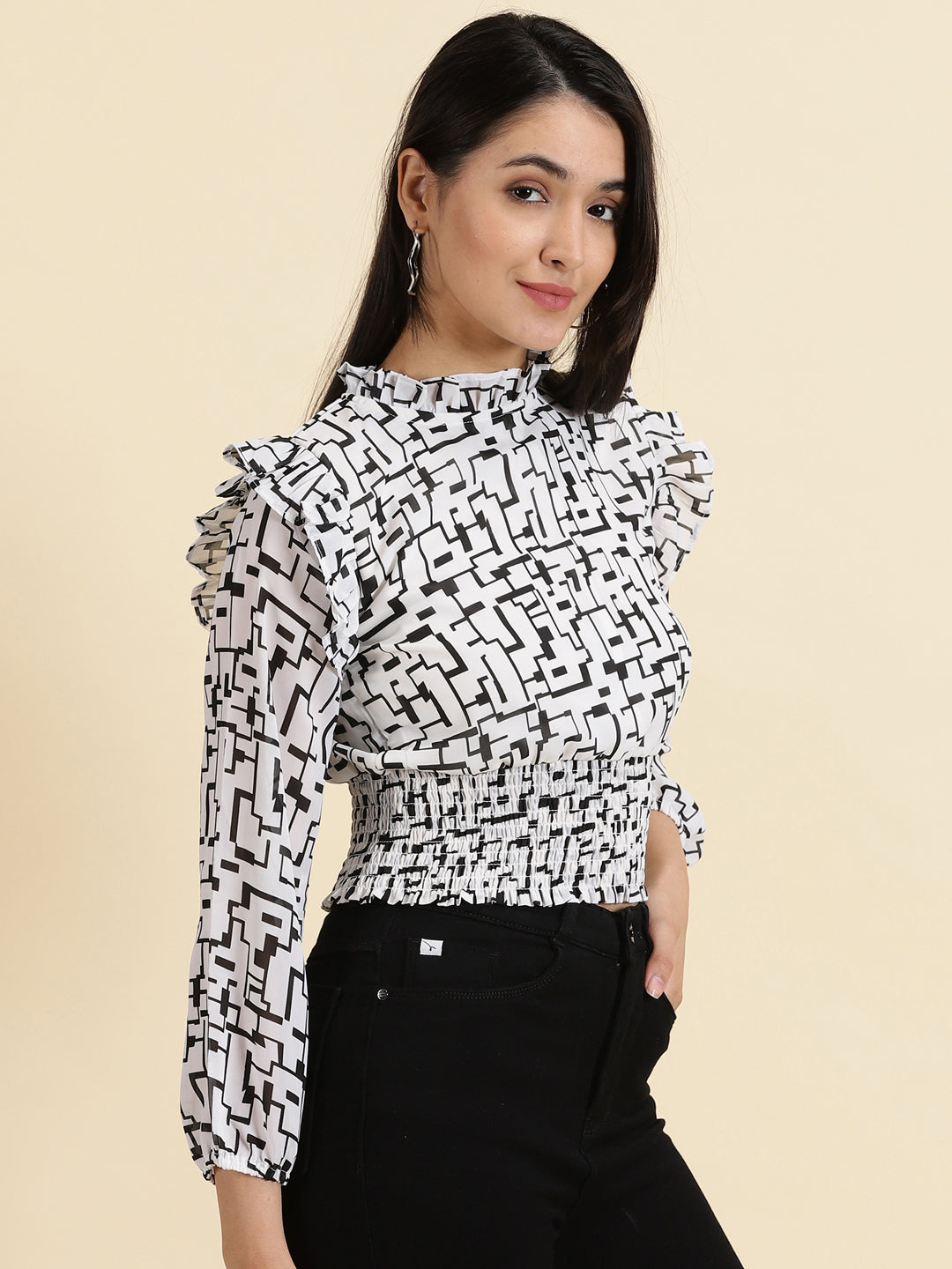 Women's White Printed Cinched Waist Top