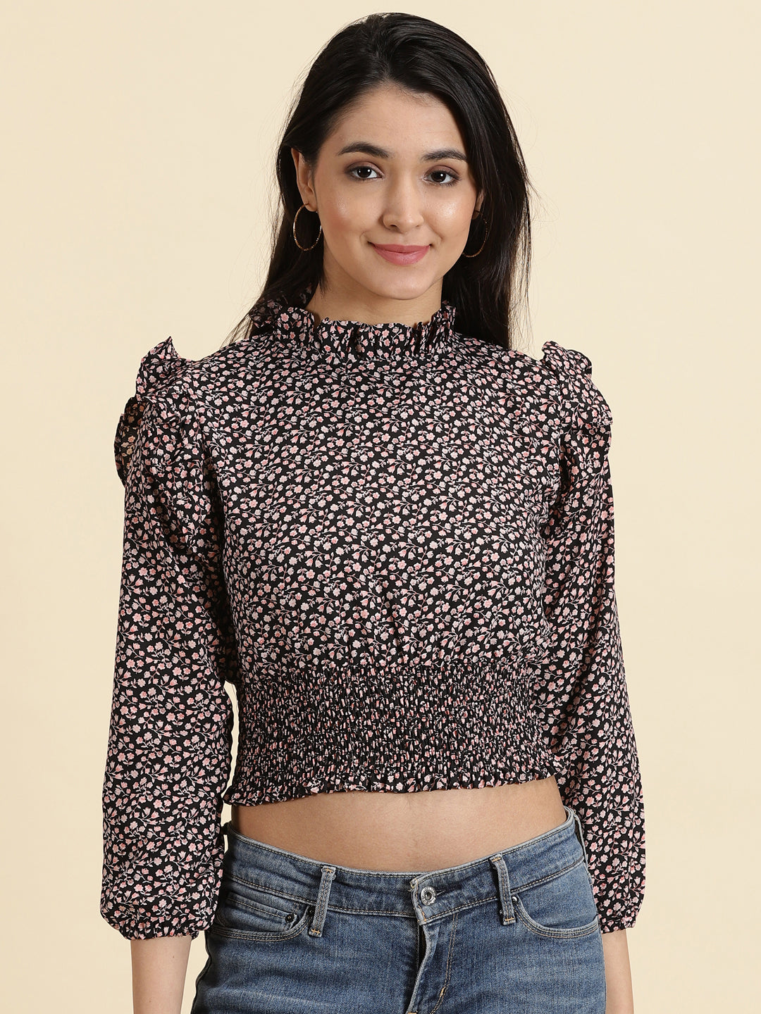 Women's Black Printed Cinched Waist Crop Top