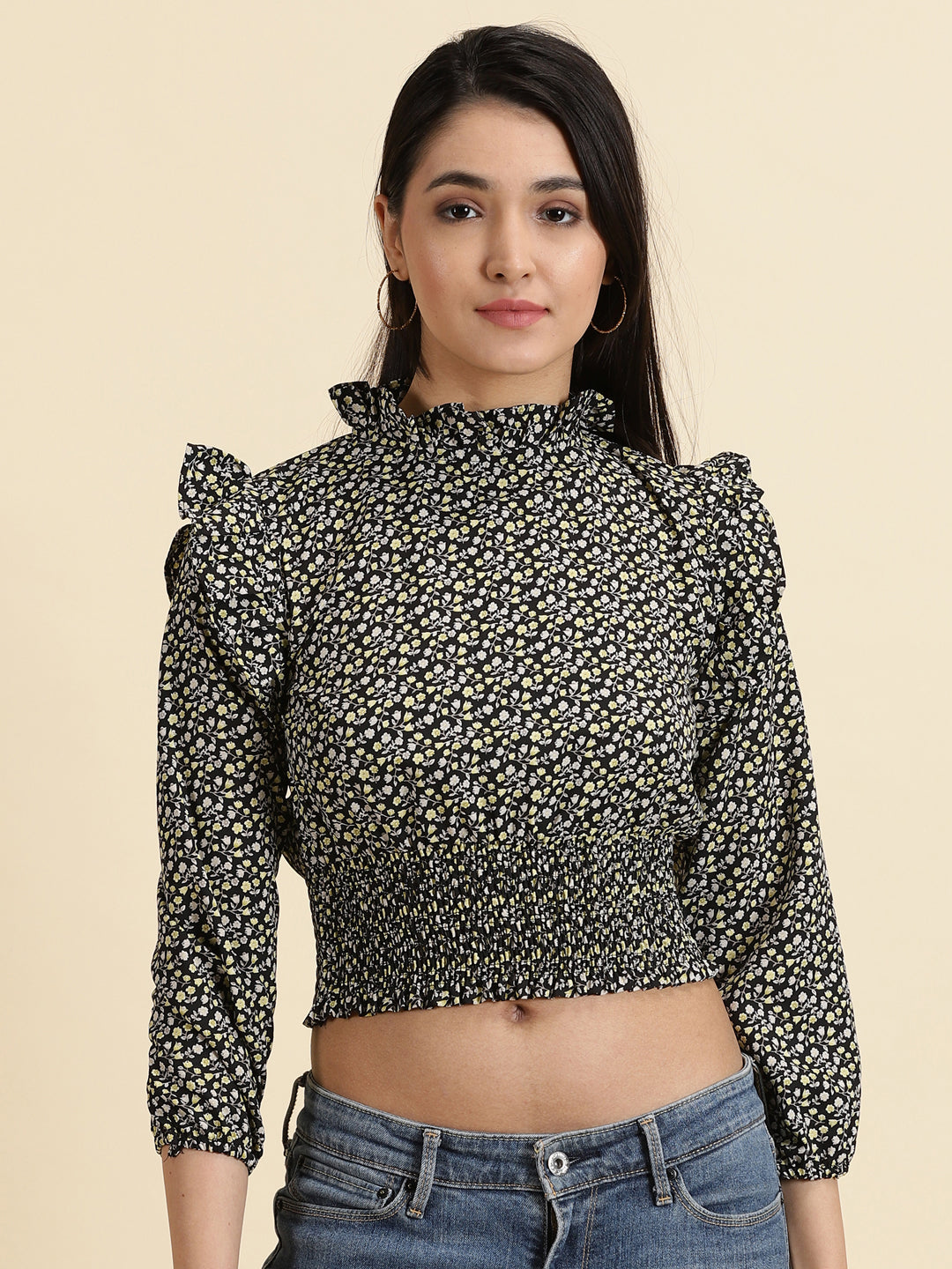 Women's Black Printed Cinched Waist Crop Top