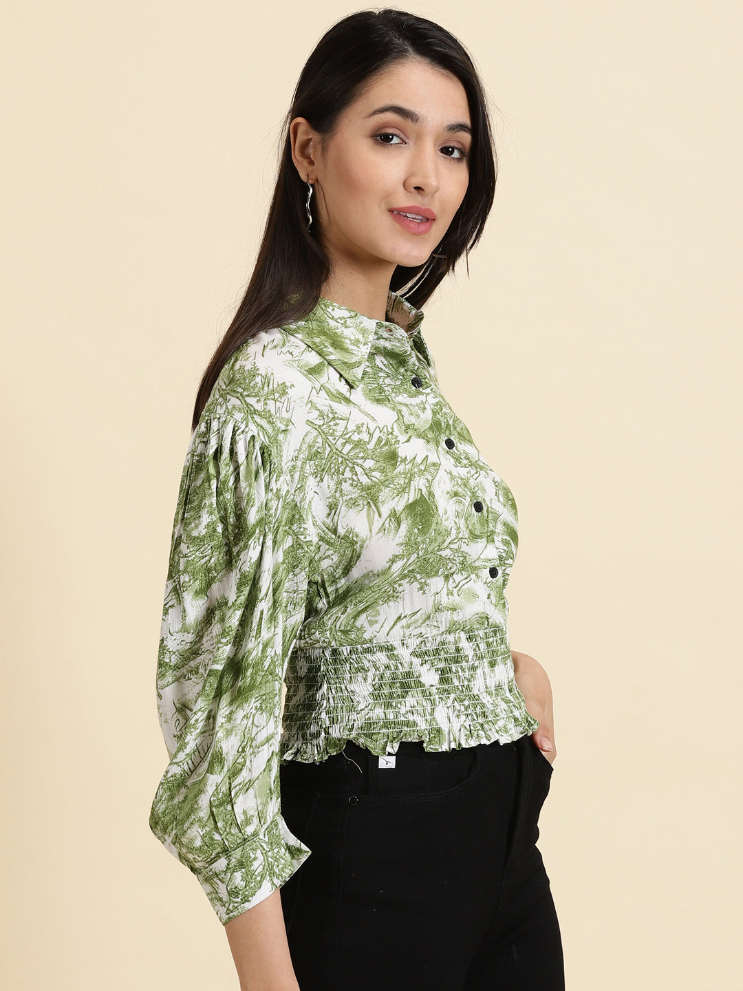 Women's Green Printed Cinched Waist Top