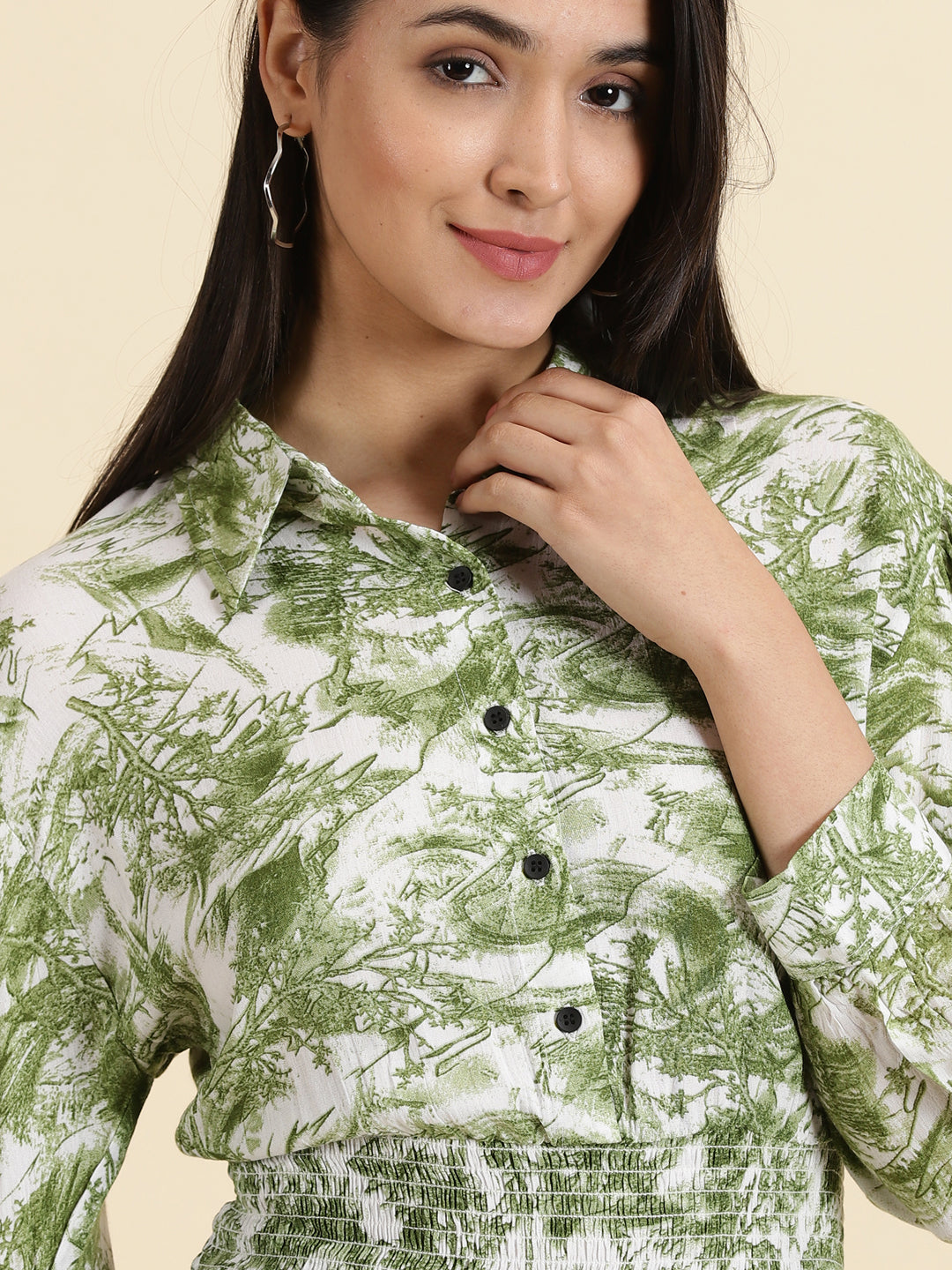 Women's Green Printed Cinched Waist Top