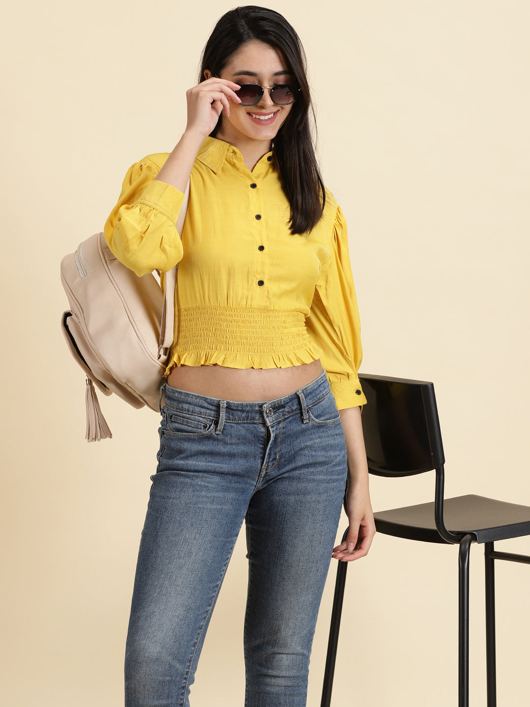 Women's Yellow Solid Cinched Waist Crop Top