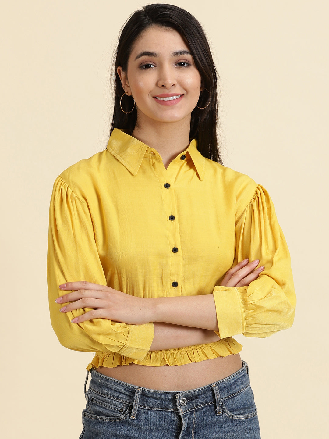 Women's Yellow Solid Cinched Waist Crop Top