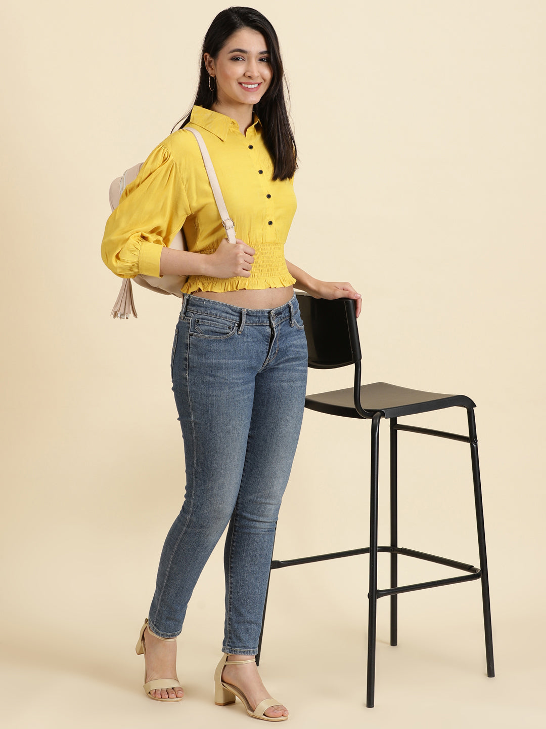 Women's Yellow Solid Cinched Waist Crop Top