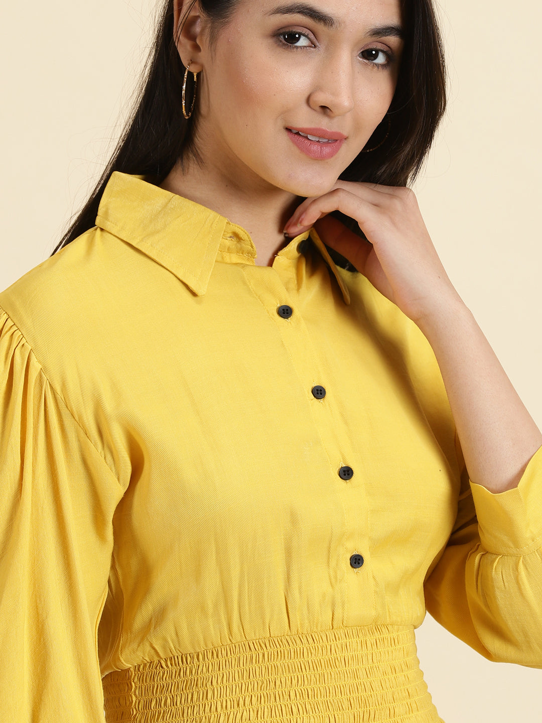 Women's Yellow Solid Cinched Waist Crop Top