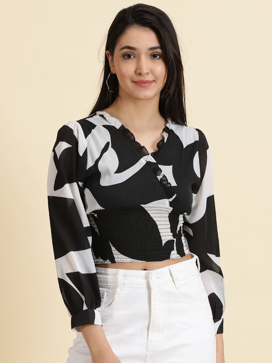 Women's Black Printed Cinched Waist Crop Top