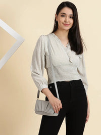 Women's Sea Green Polka Dots Printed Crepe Crop Cinched Waist Top