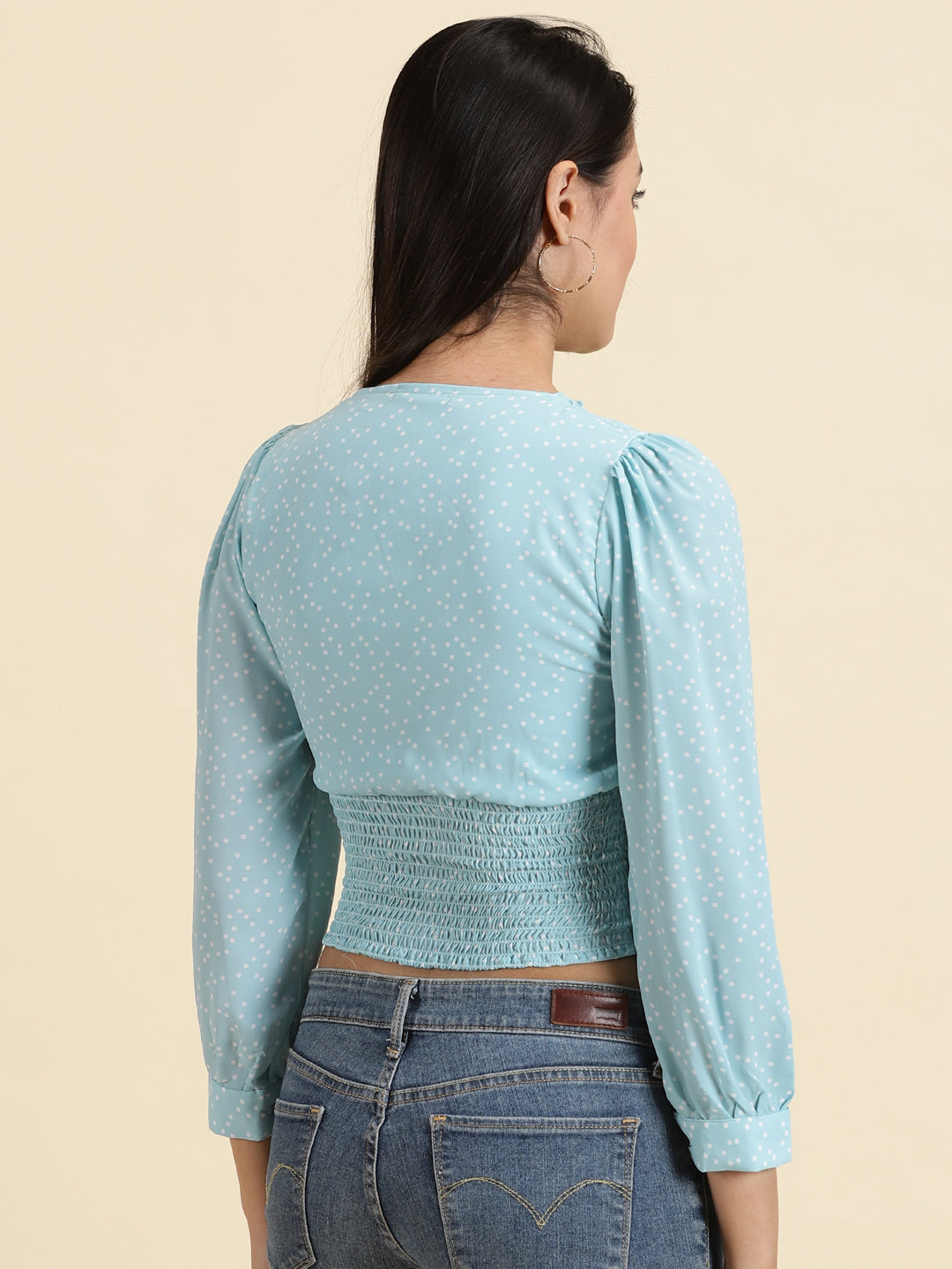 Women's Turquoise Blue Printed Cinched Waist Crop Top