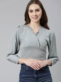 Women's Grey Puff Sleeve Smocked Crop Top