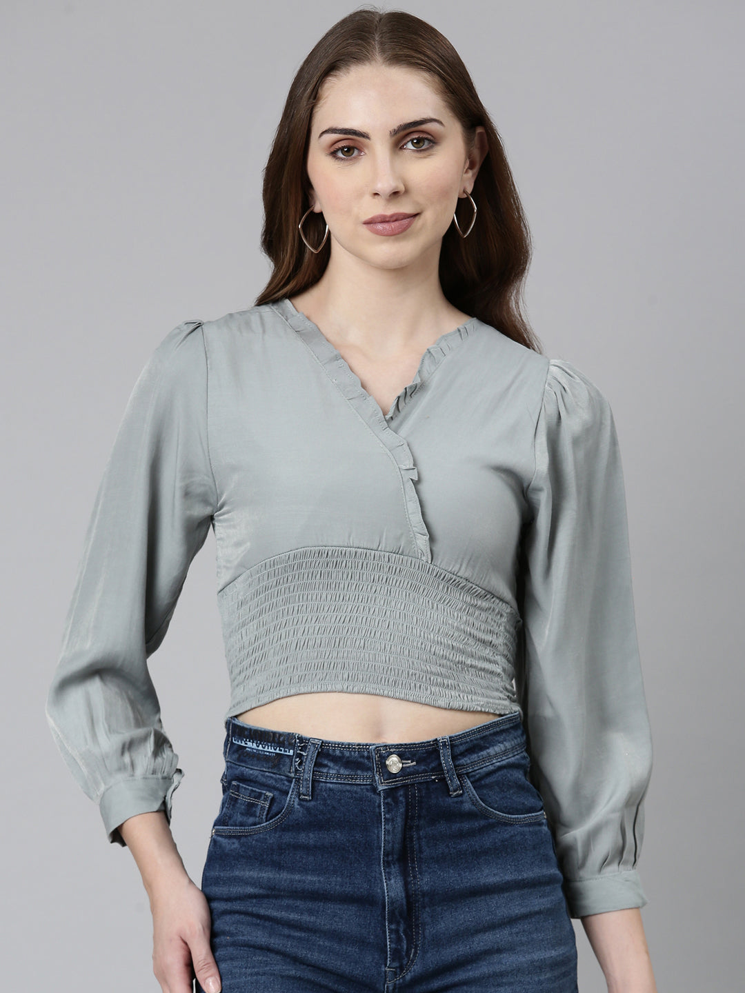 Women Solid V-Neck Grey Cinched Waist Crop Top