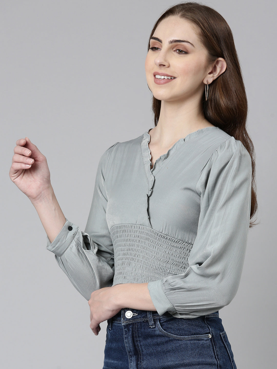 Solid V-Neck Grey Cinched Waist Crop Top