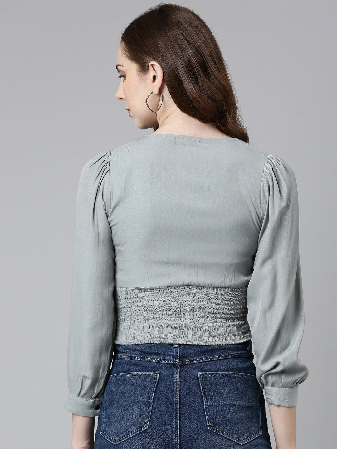 Solid V-Neck Grey Cinched Waist Crop Top