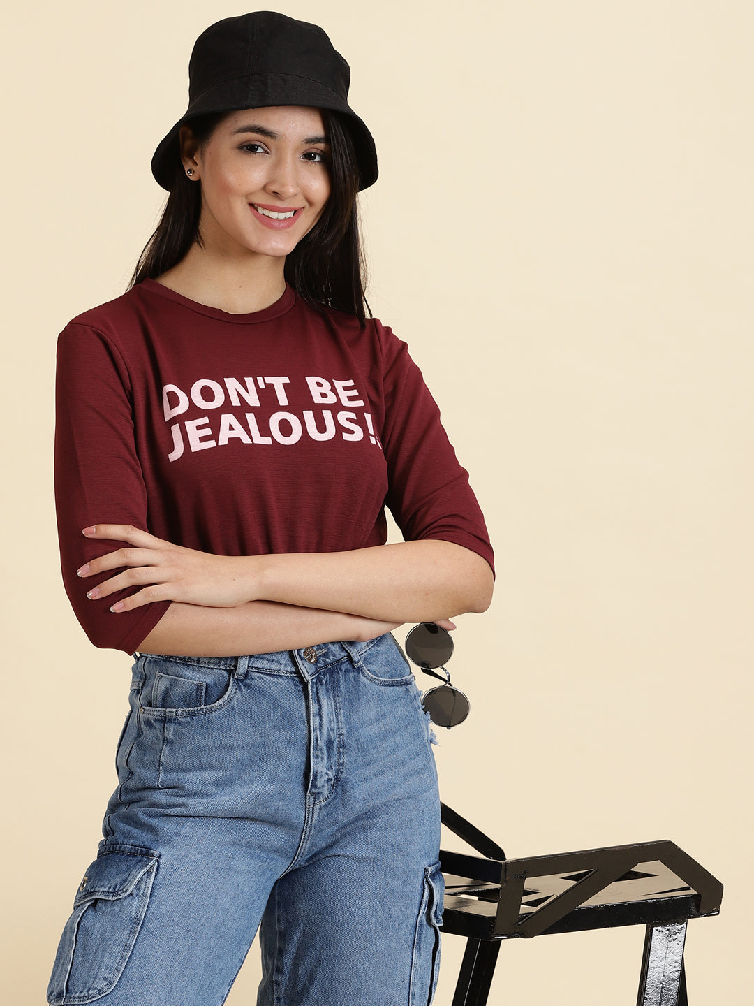 Women's Burgundy Printed Cinched Waist Crop Top