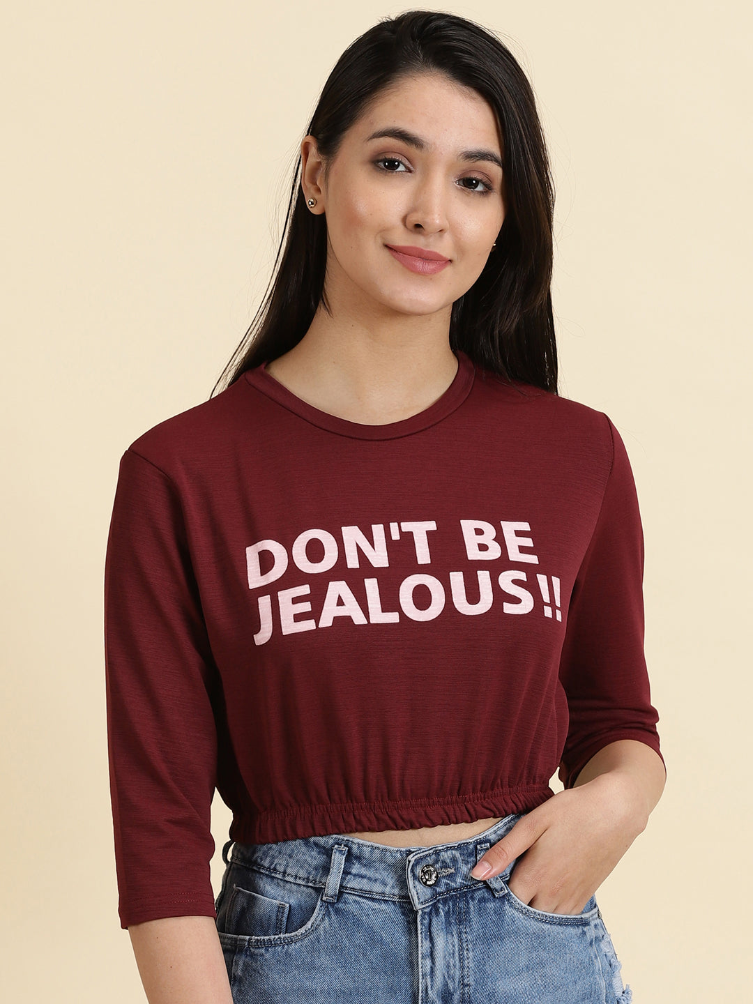 Women's Burgundy Printed Cinched Waist Crop Top