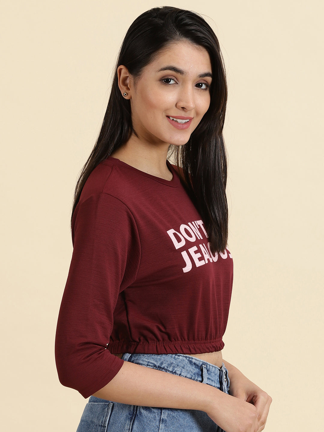 Women's Burgundy Printed Cinched Waist Crop Top