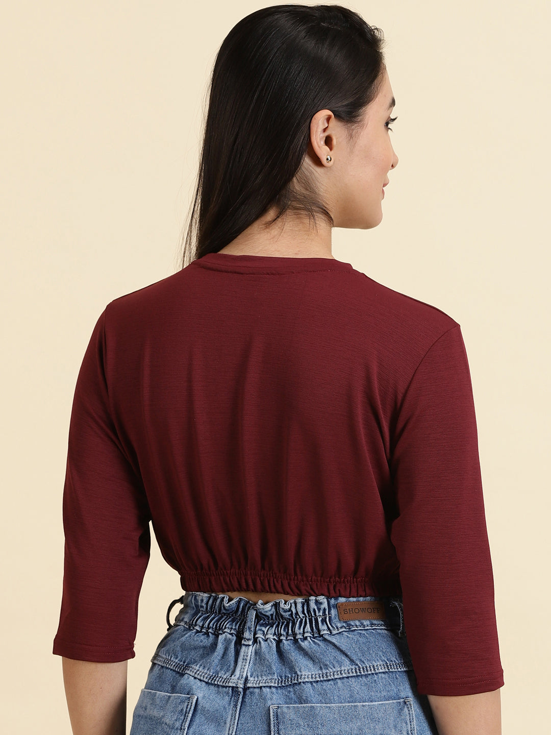 Women's Burgundy Printed Cinched Waist Crop Top