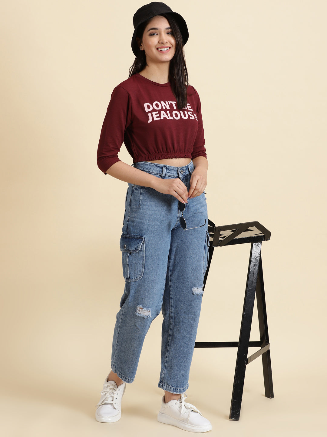 Women's Burgundy Printed Cinched Waist Crop Top