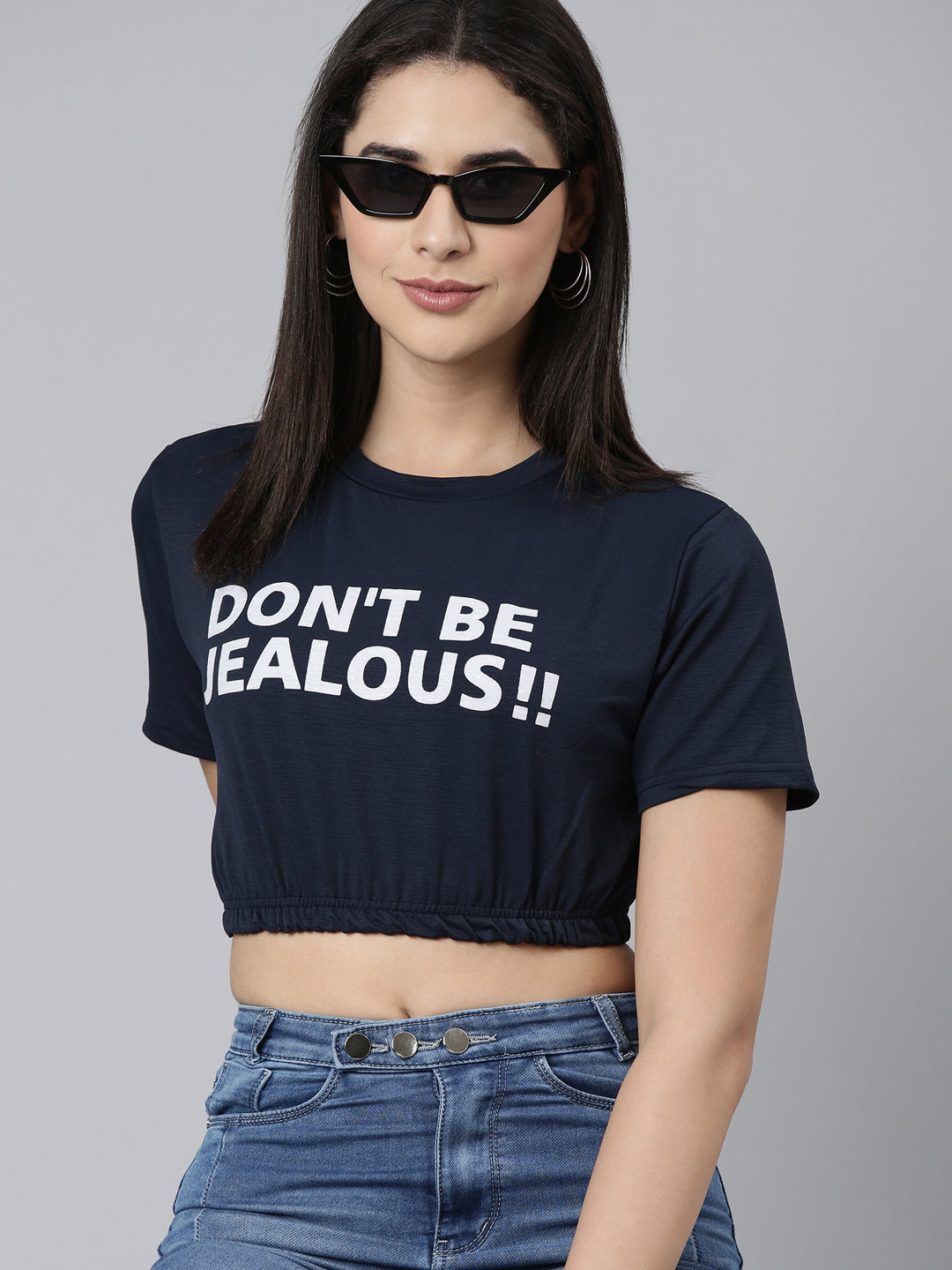 Women Round Neck Regular Sleeves Typography Cinched Waist Navy Blue Crop Top