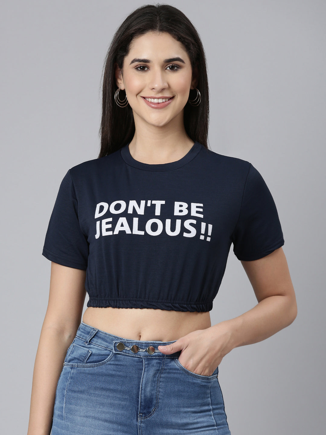 Round Neck Regular Sleeves Typography Cinched Waist Navy Blue Crop Top