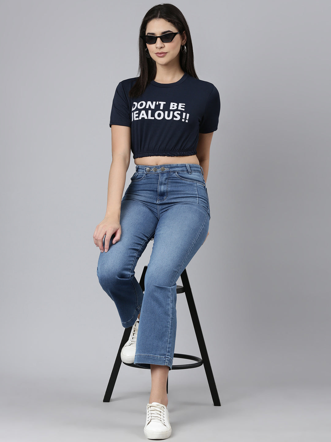 Round Neck Regular Sleeves Typography Cinched Waist Navy Blue Crop Top