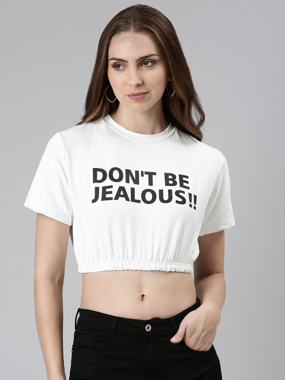 Women Round Neck Regular Sleeves Typography Cinched Waist White Crop Top