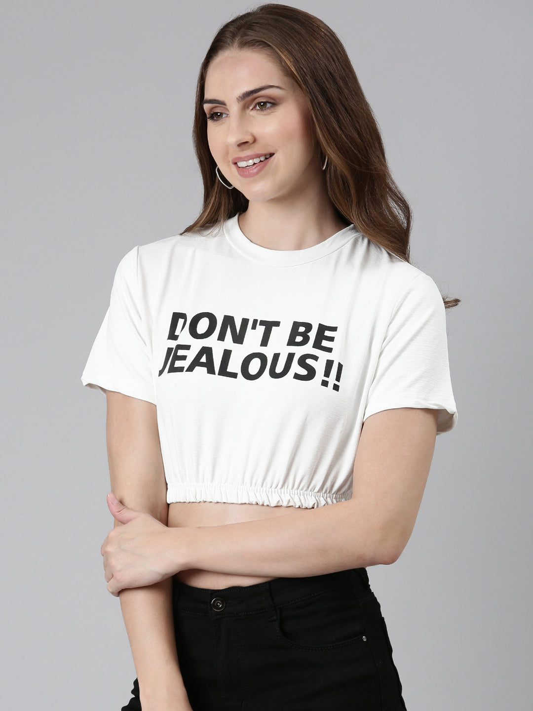 Round Neck Regular Sleeves Typography Cinched Waist White Crop Top